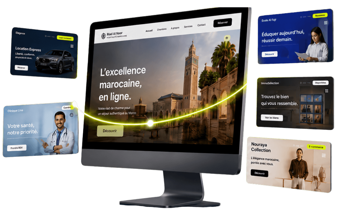 Aperçu des sites web créés par Digy : clinique, location de voiture, école, immobilier et e-commerce